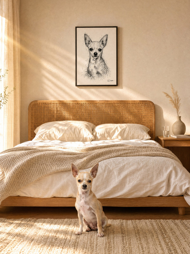 Chihuahua Studio Pencil Sketch portrait in a black frame near a rattan bed headboard