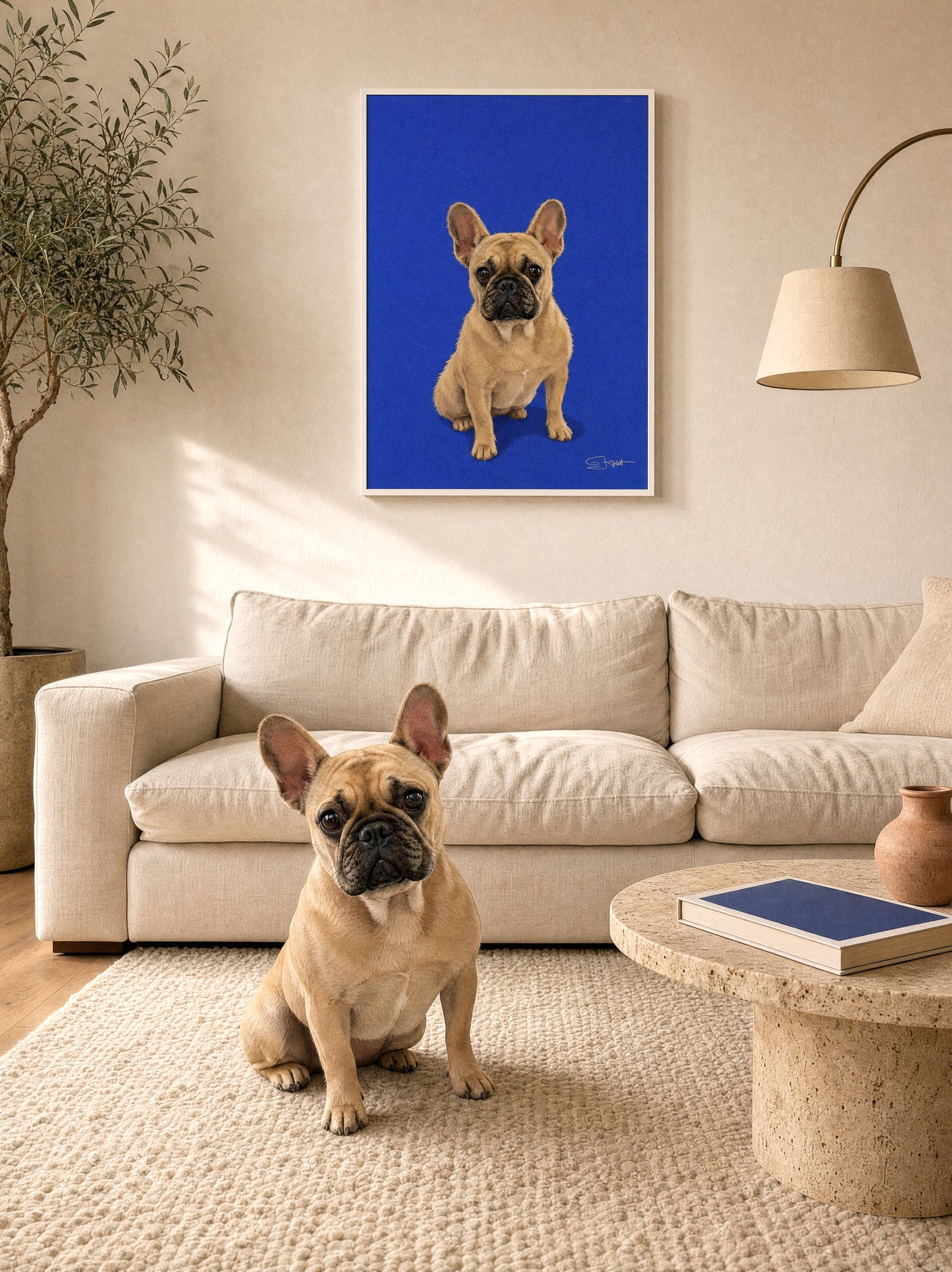 French bulldog Studio Pop blue portrait in a white frame on a cream sofa