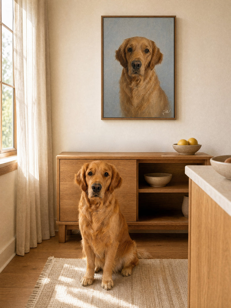 Golden retriever Pure portrait oil painting in an oak frame in a kitchen