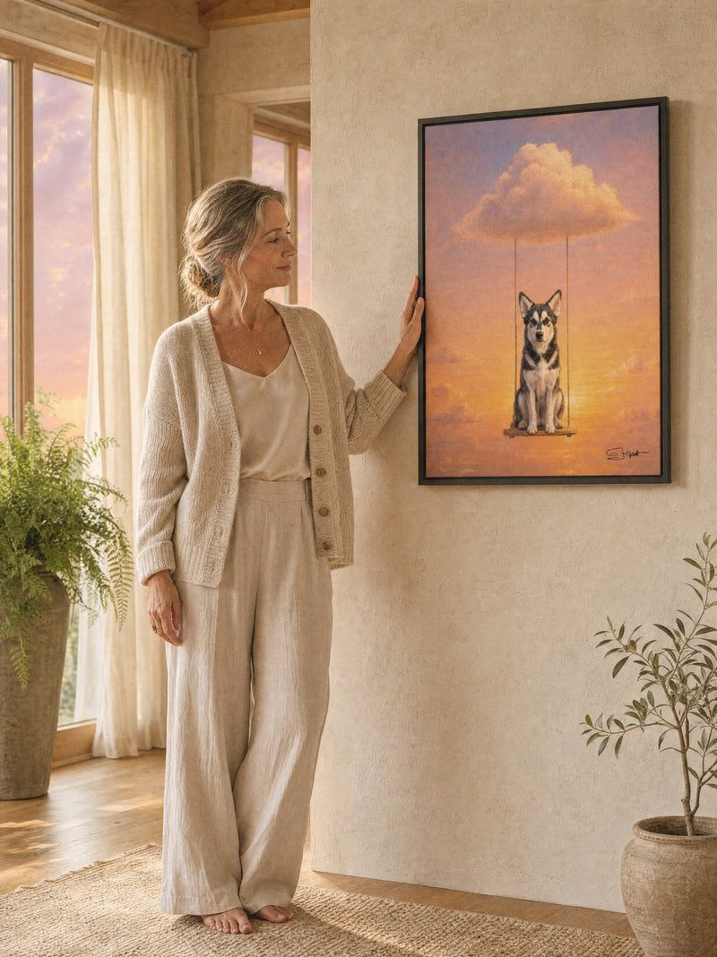 Husky Dream style portrait on a swing with sunset clouds in a living room