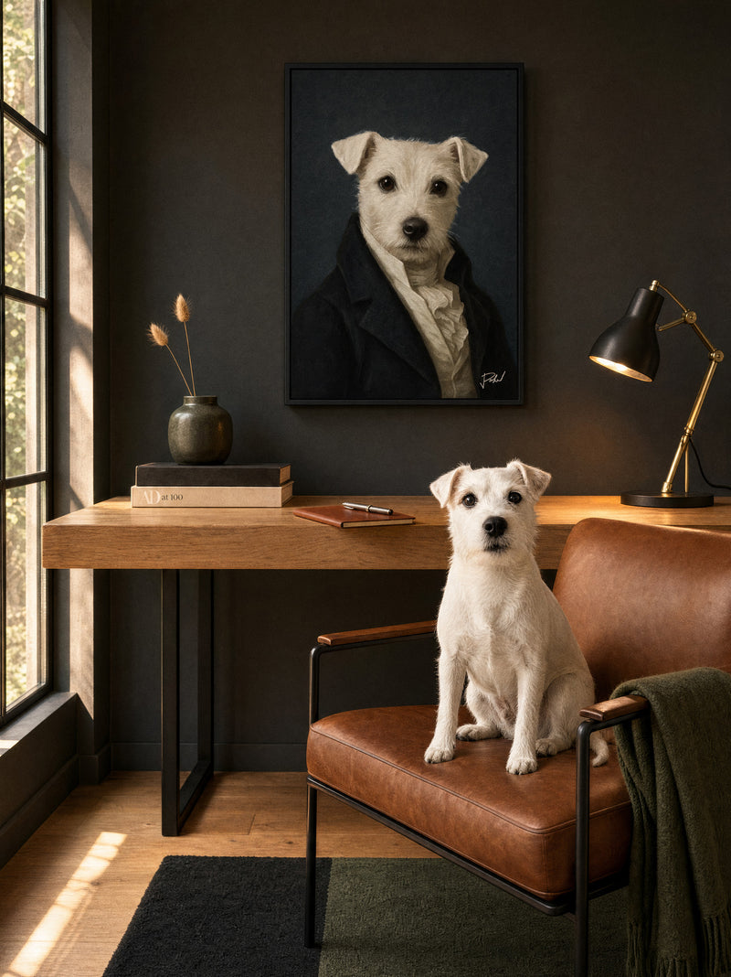 Jack Russell terrier Gentleman old masters portrait in a black frame by a leather chair