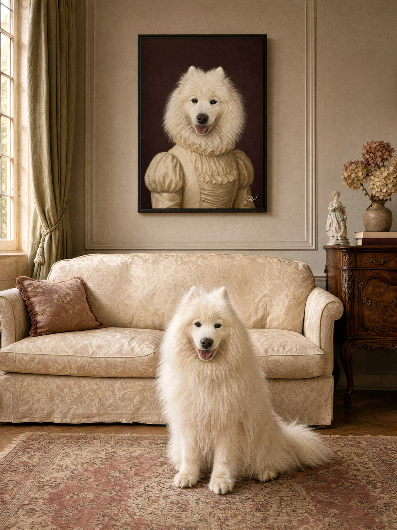 Samoyed Duchess old masters portrait in a black frame above a cream Victorian sofa