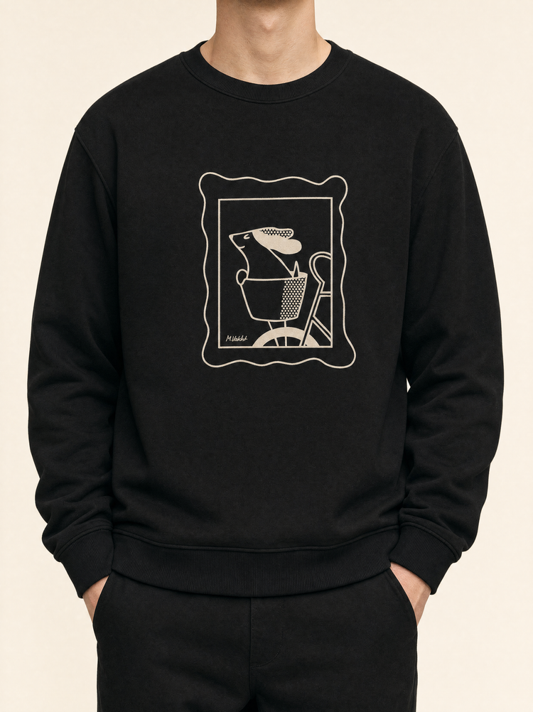 sunday ride basket dog design black crewneck sweatshirt male model product shot