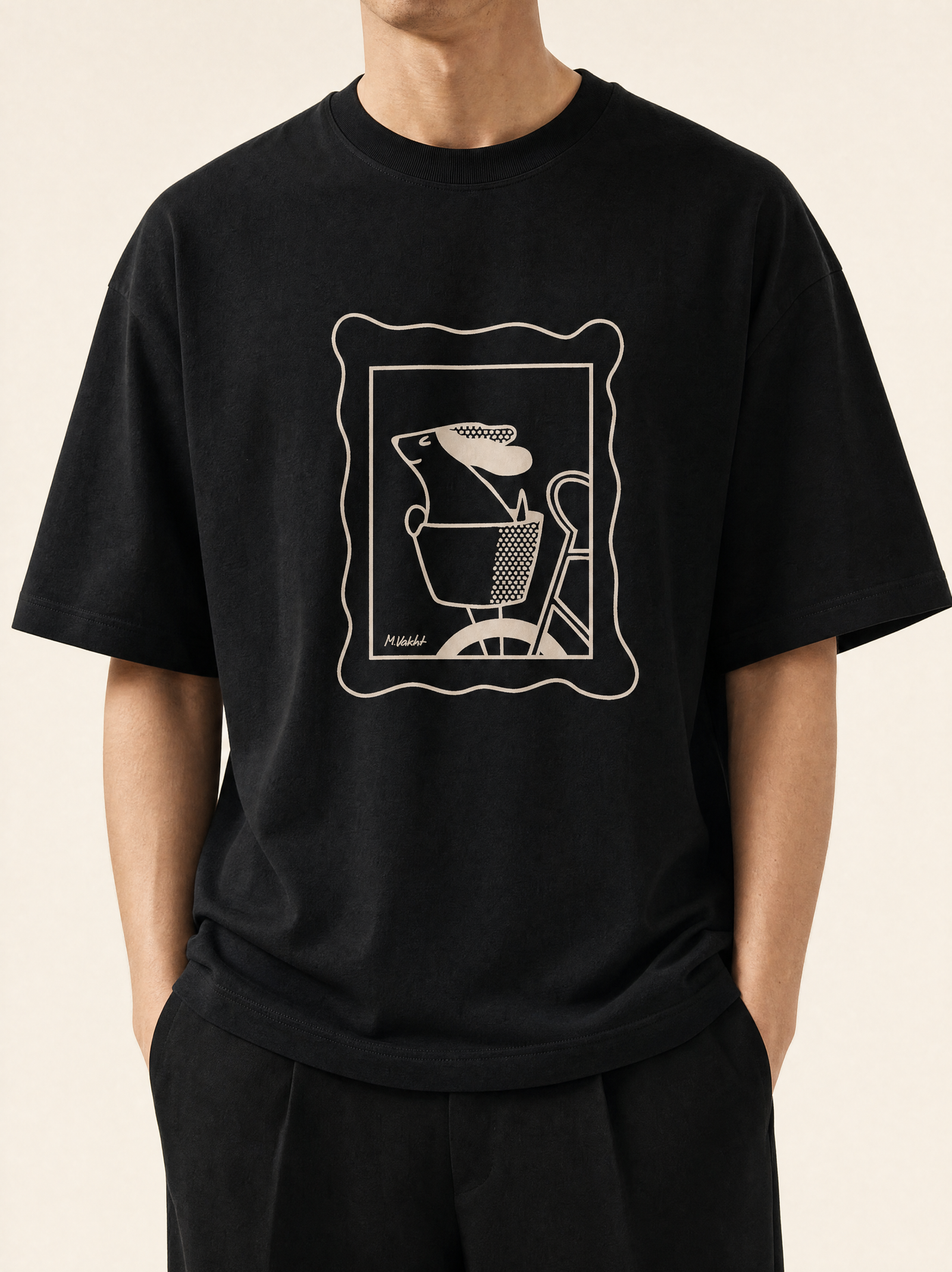sunday ride basket dog design black t shirt male model product shot