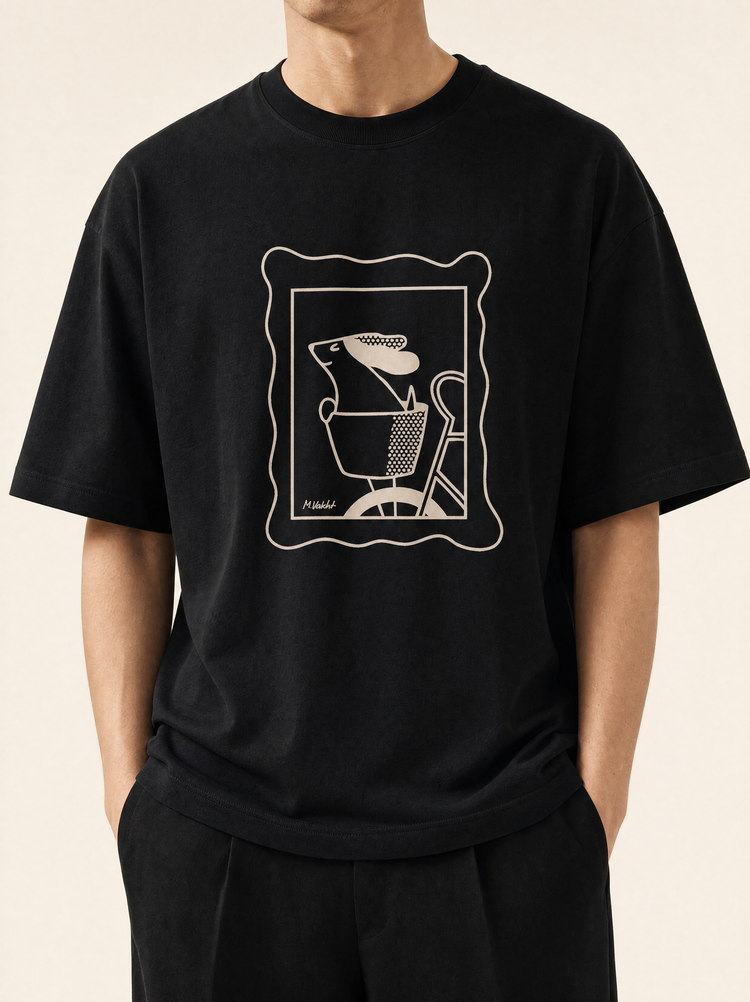 sunday ride basket dog design black t shirt male model product shot