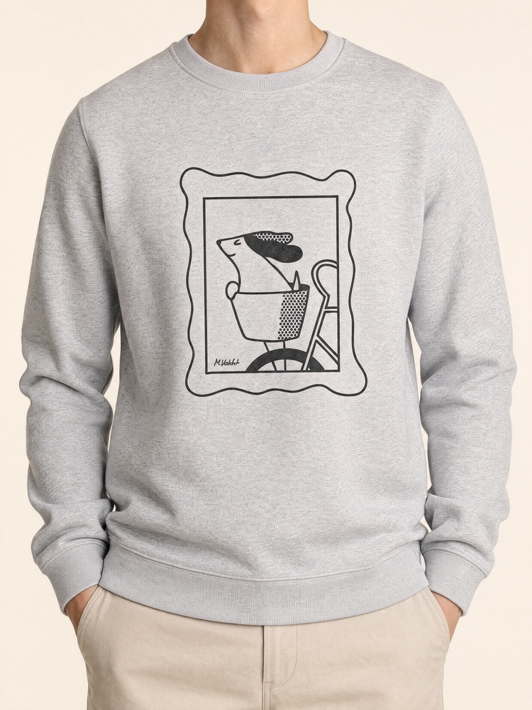 sunday ride basket dog design heather grey crewneck sweatshirt male model product shot