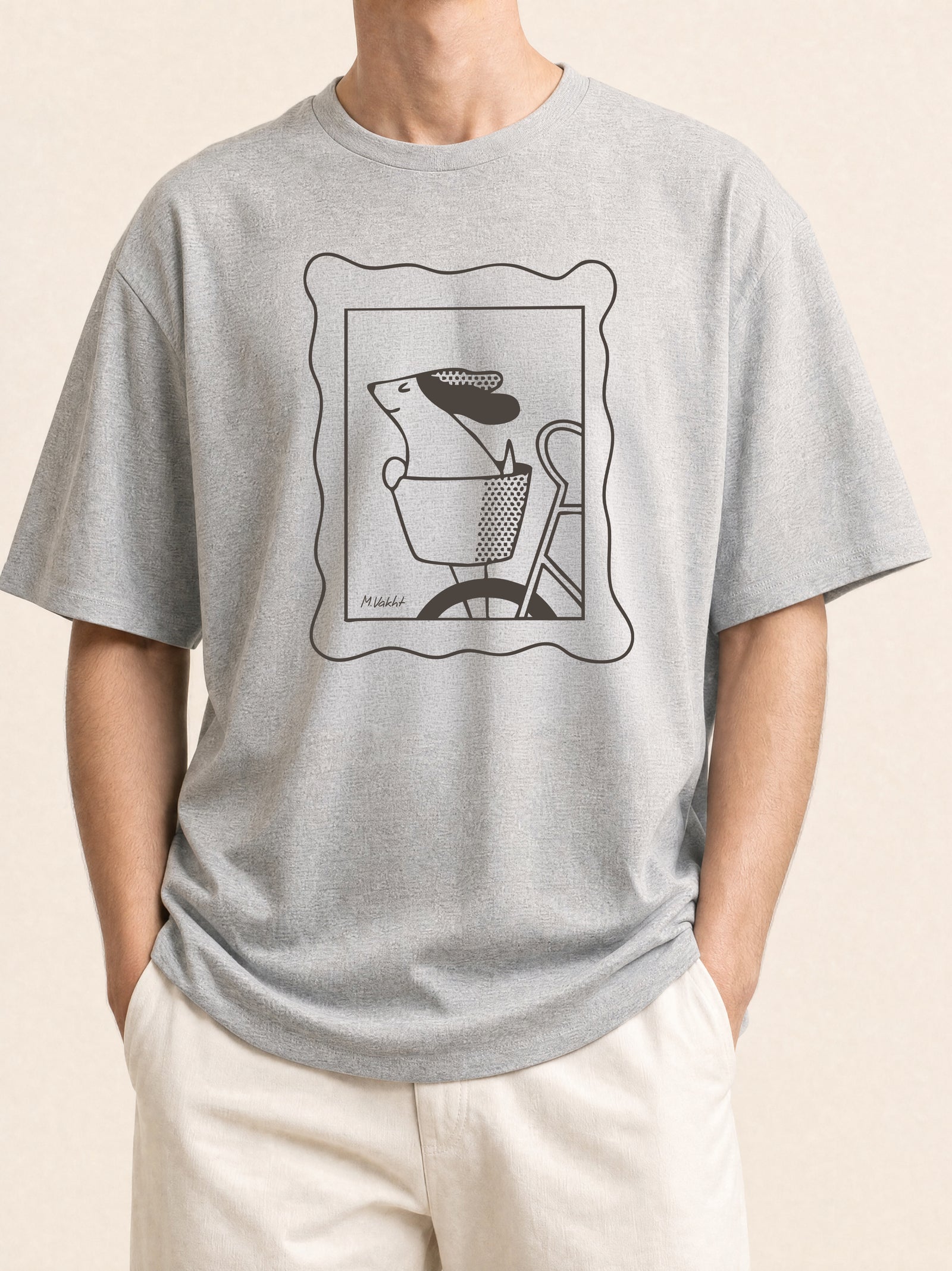 sunday ride basket dog design heather grey t shirt male model product shot