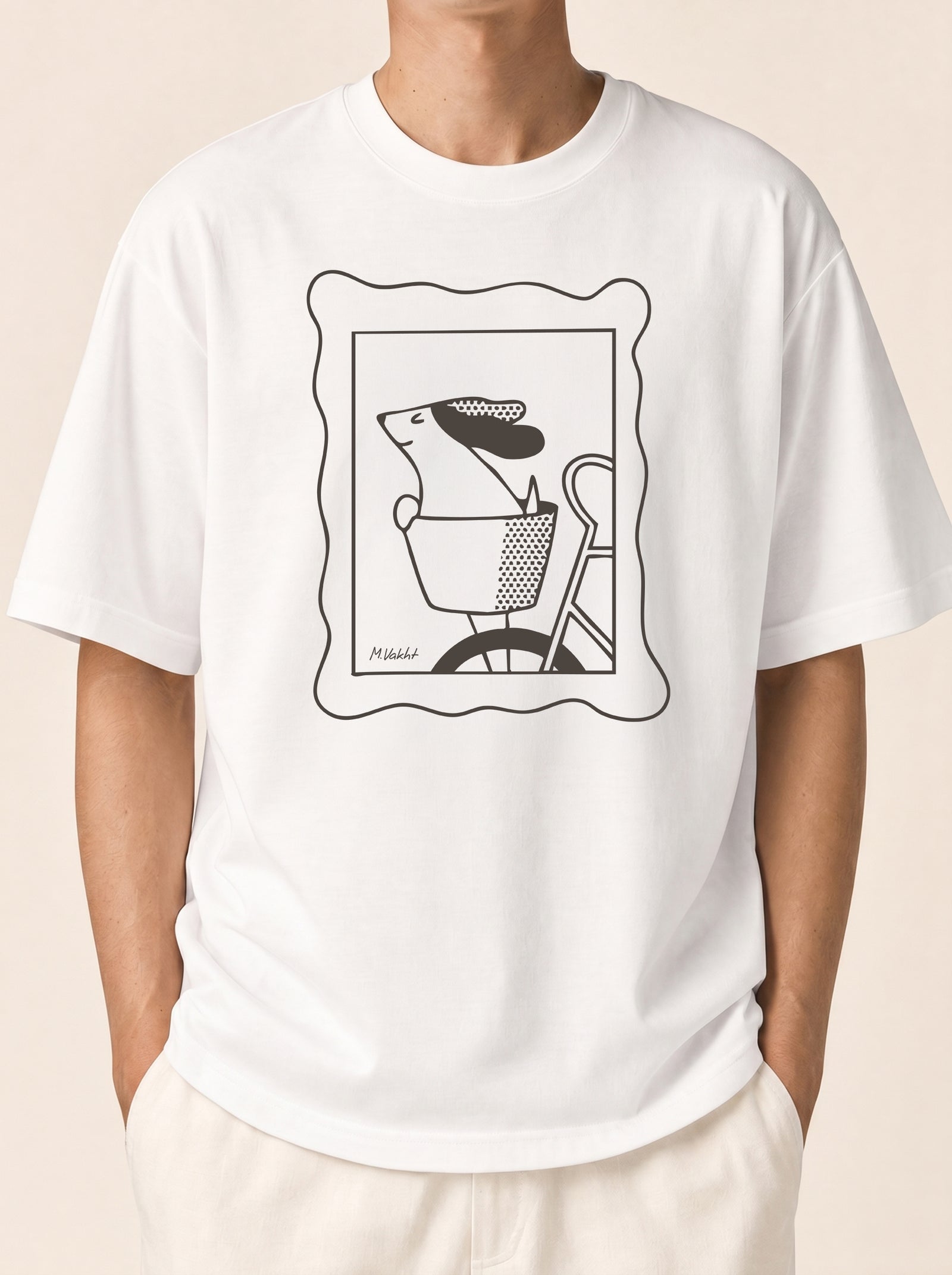 sunday ride basket dog design pure white t shirt male model product shot