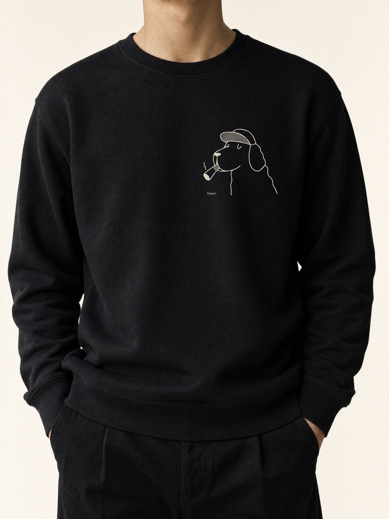 the professor dog flat cap design black crewneck sweatshirt male model product shot