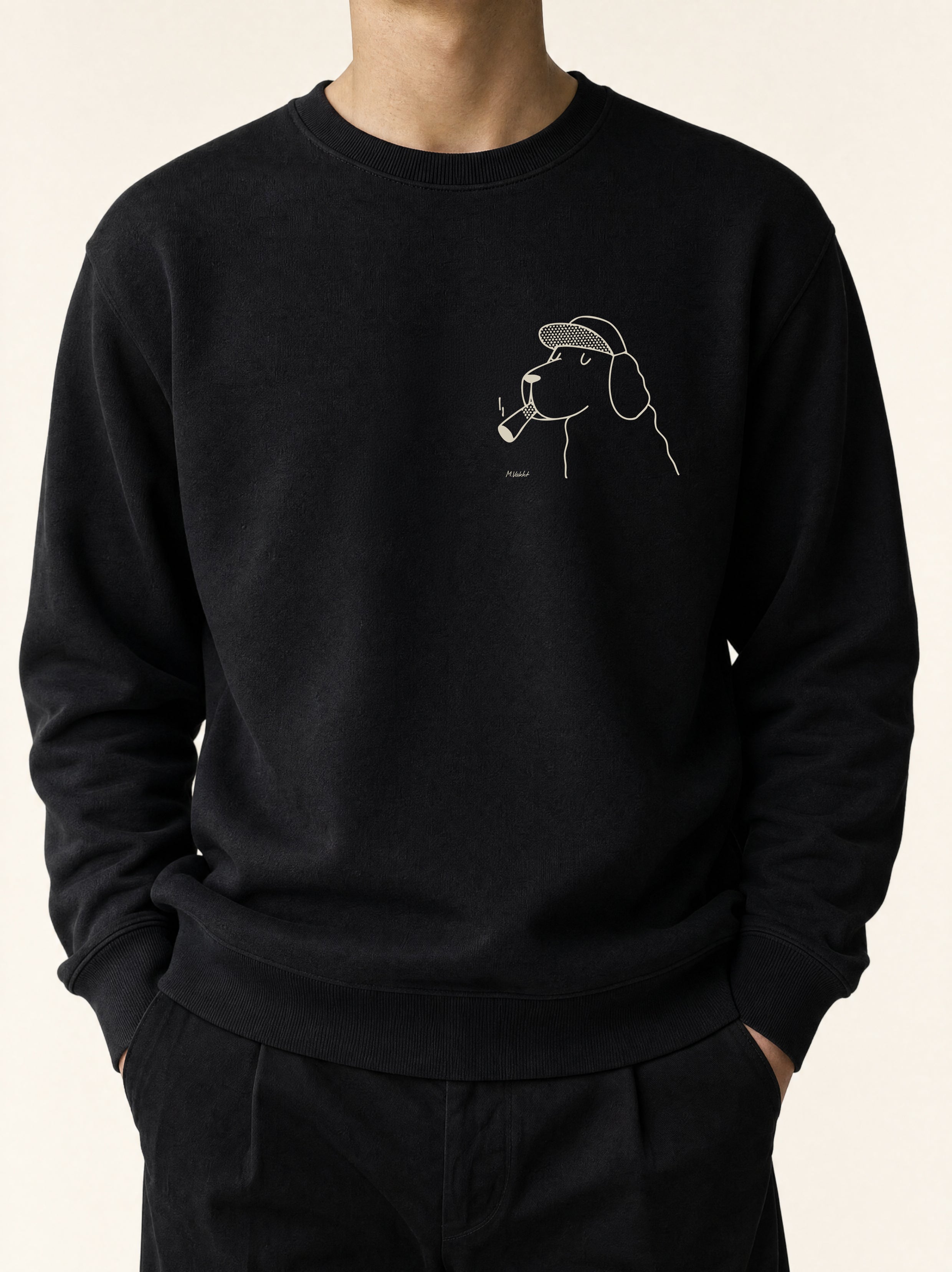 the professor dog flat cap design black crewneck sweatshirt male model product shot