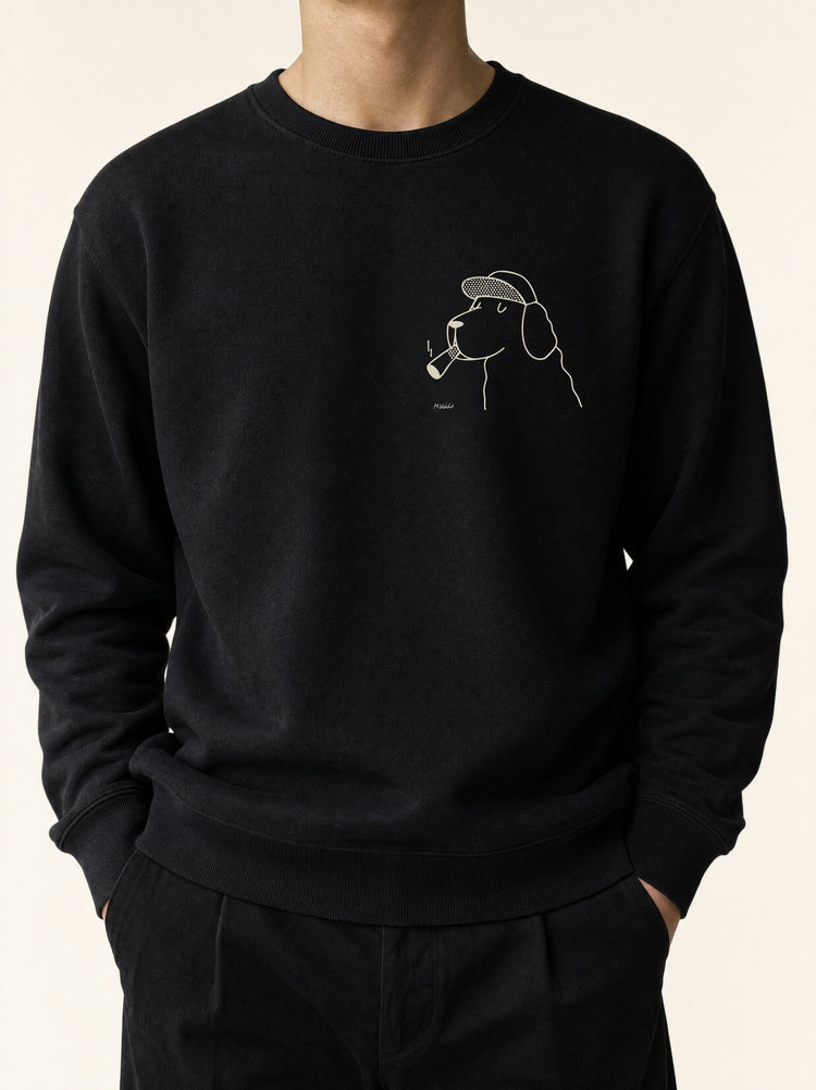 the professor dog flat cap design black crewneck sweatshirt male model product shot
