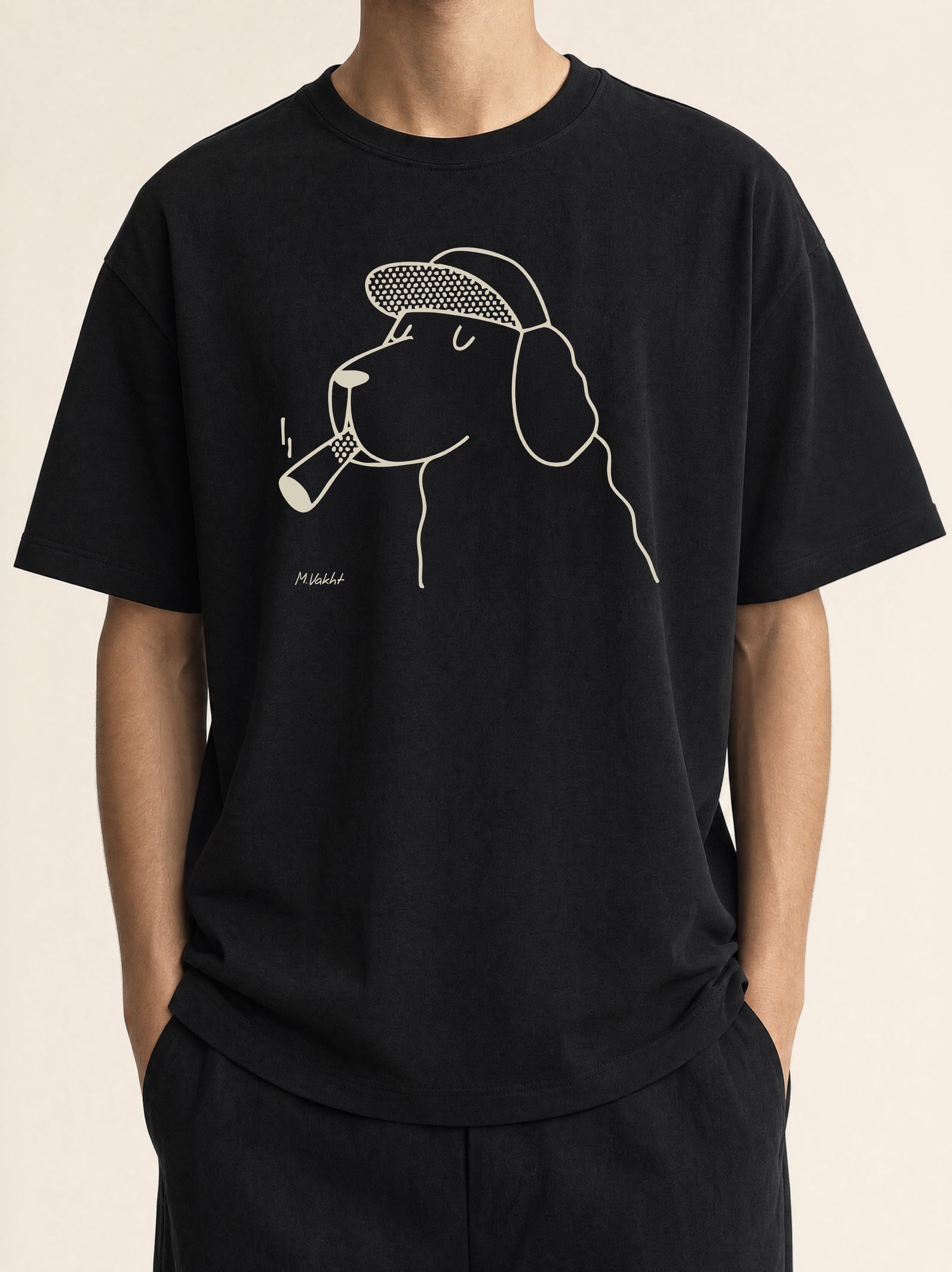 the professor dog flat cap design black t shirt male model product shot