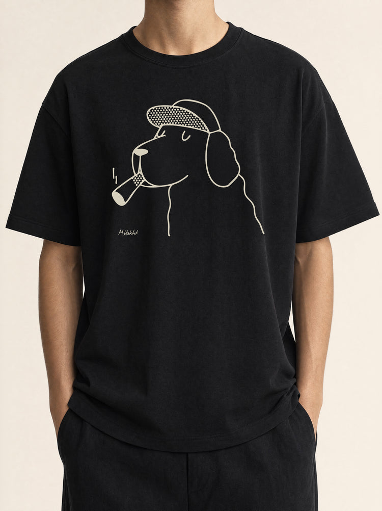 the professor dog flat cap design black t shirt male model product shot