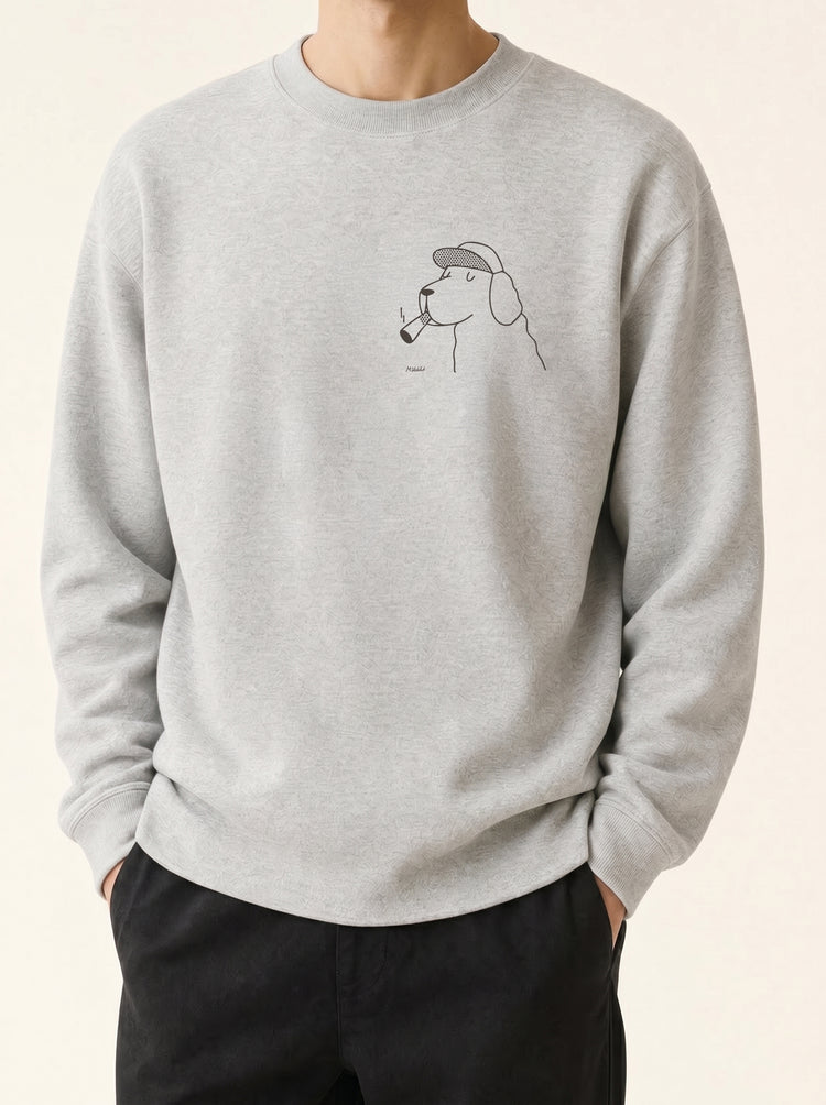 the professor dog flat cap design heather grey crewneck sweatshirt male model product shot