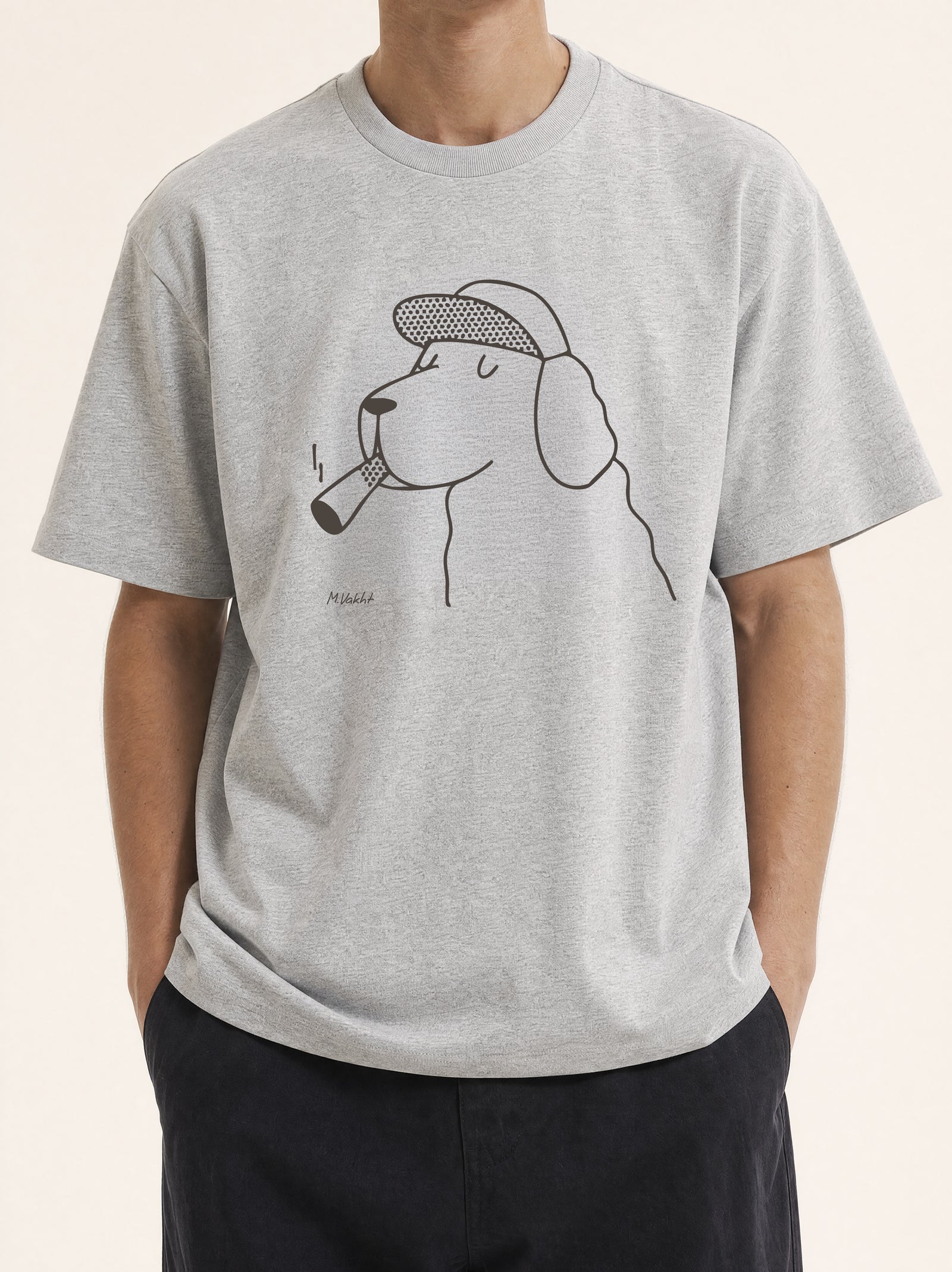 the professor dog flat cap design heather grey t shirt male model product shot