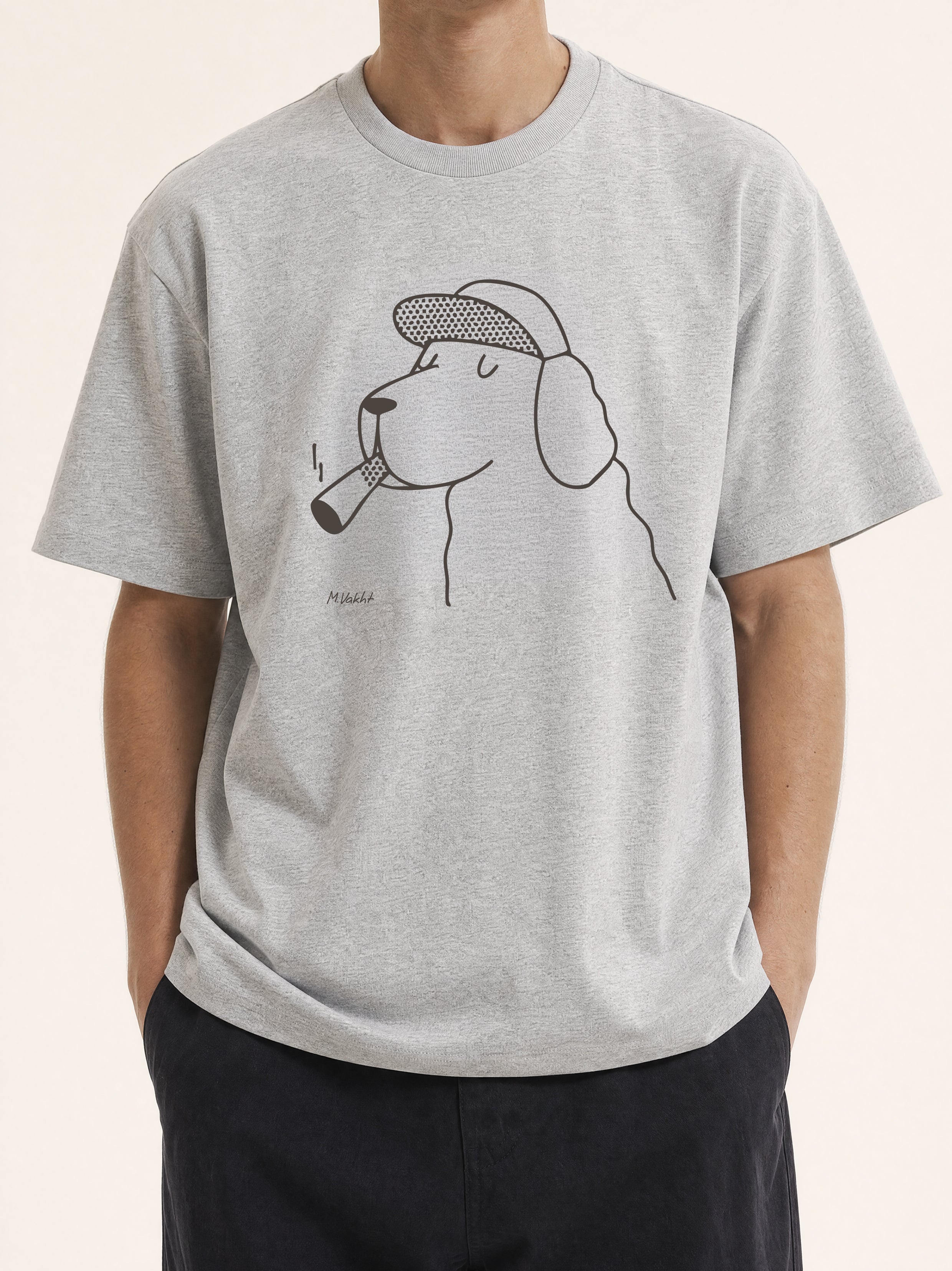 the professor dog flat cap design heather grey t shirt male model product shot