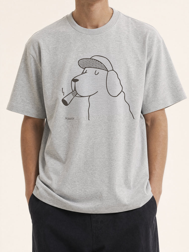 the professor dog flat cap design heather grey t shirt male model product shot