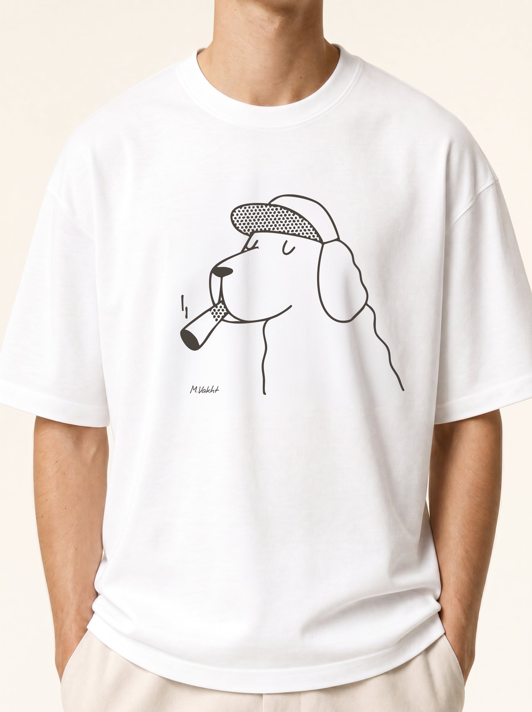 the professor dog flat cap design pure white t shirt male model product shot