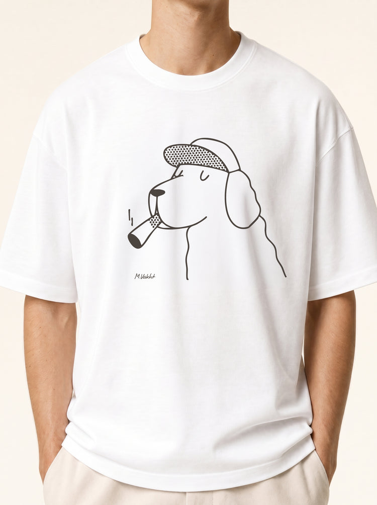 the professor dog flat cap design pure white t shirt male model product shot