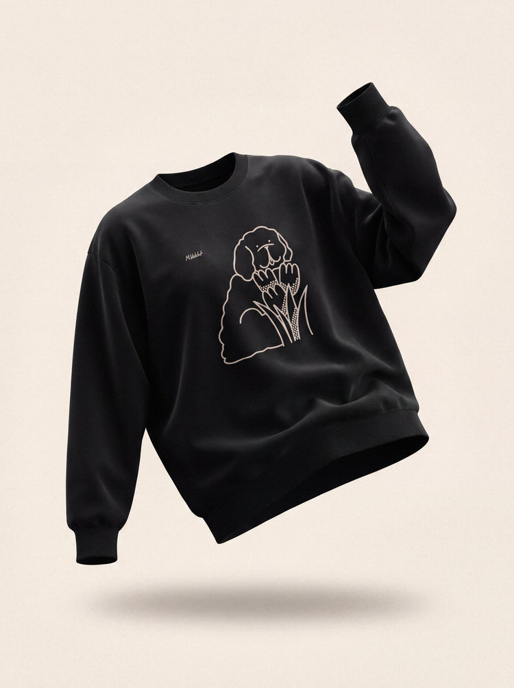 bloom tulip dog design black crewneck sweatshirt female model product shot