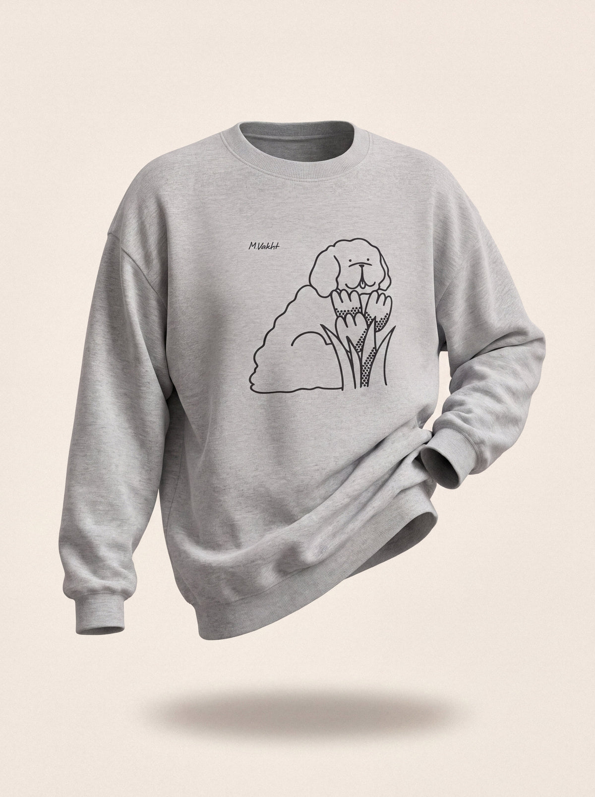 bloom tulip dog design heather grey crewneck sweatshirt female model product shot
