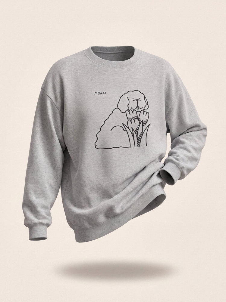 bloom tulip dog design heather grey crewneck sweatshirt female model product shot