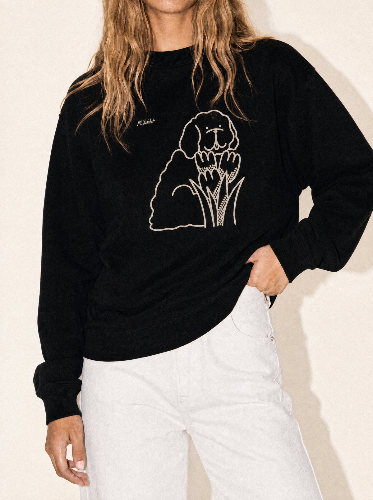 artist collection bloom tulip dog design black crewneck sweatshirt female model editorial