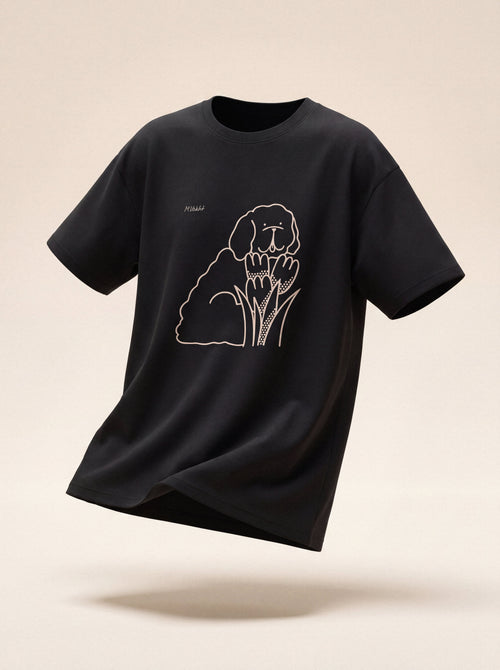 bloom tulip dog design black t shirt female model product shot