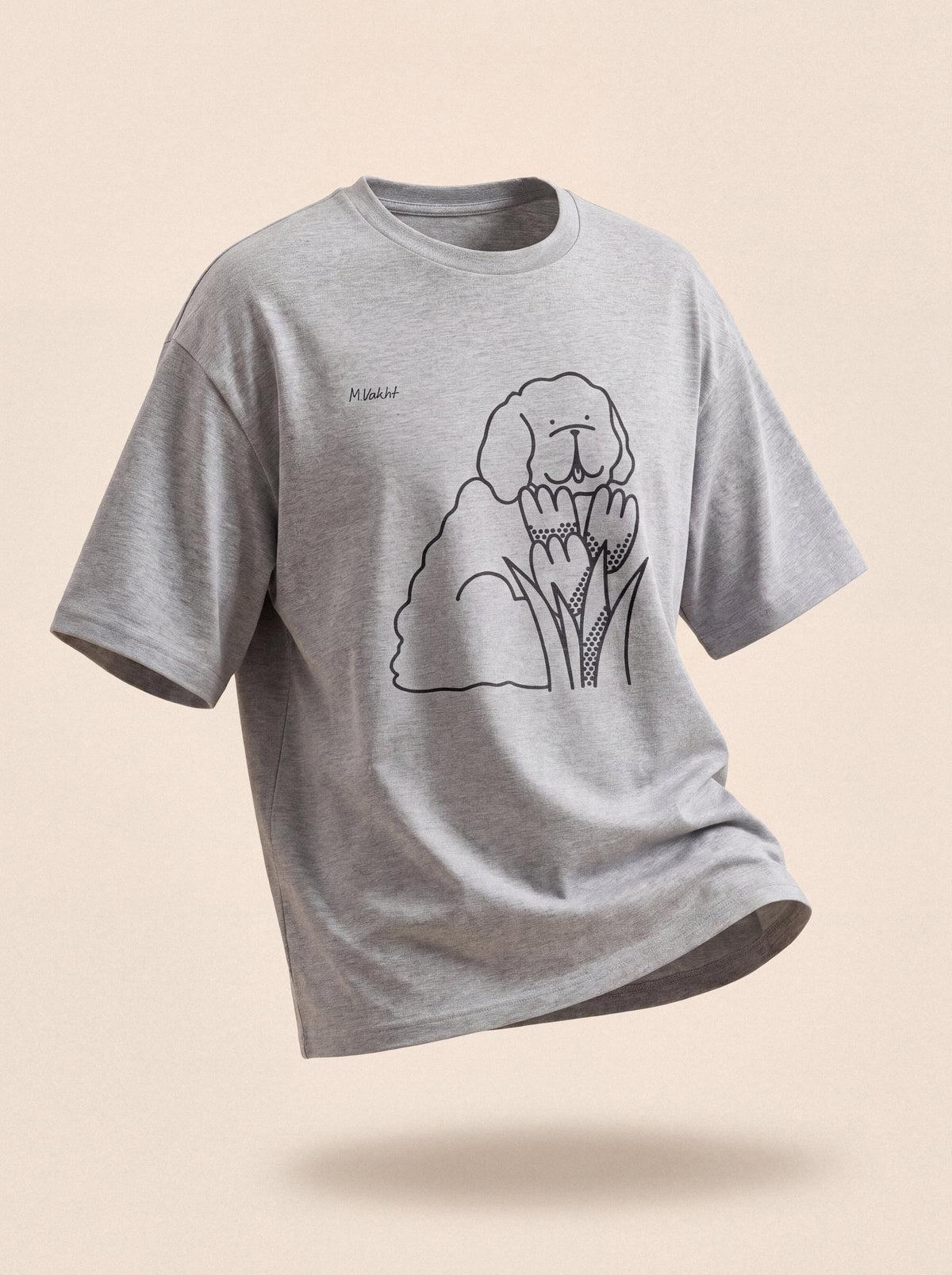 bloom tulip dog design heather grey t shirt female model product shot