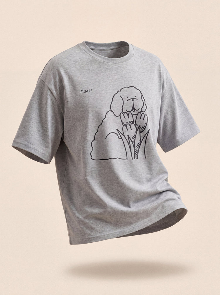 bloom tulip dog design heather grey t shirt female model product shot