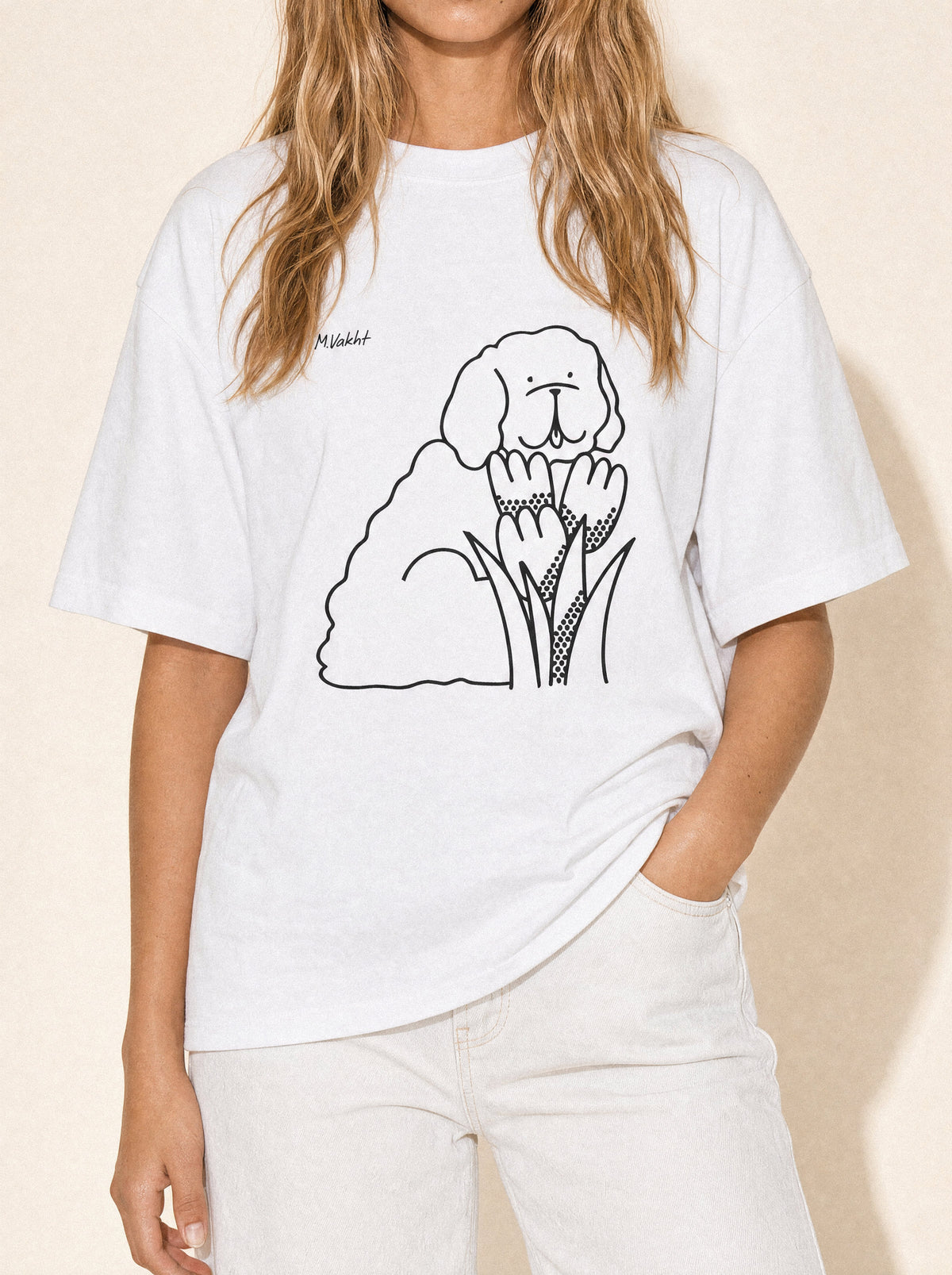 artist collection bloom tulip dog design pure white t shirt female model editorial close up