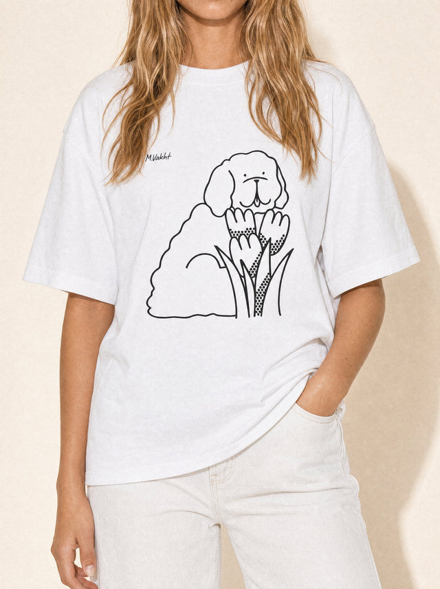 artist collection bloom tulip dog design pure white t shirt female model editorial close up