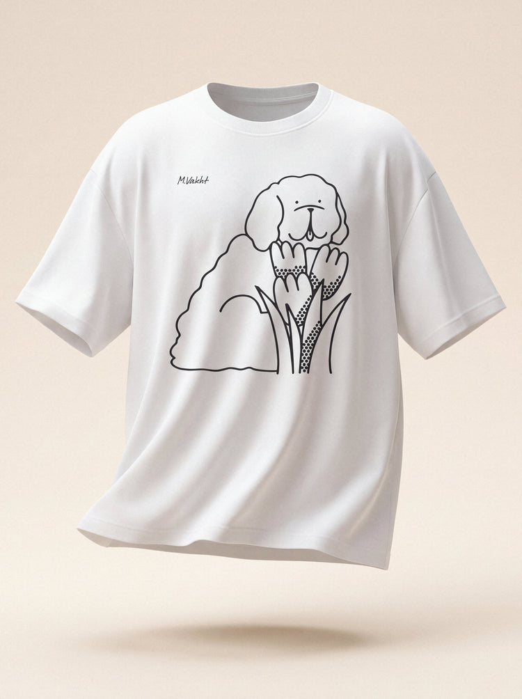 bloom tulip dog design pure white t shirt female model product shot