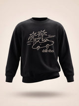 chill vibes palms dog design black crewneck sweatshirt male model product shot