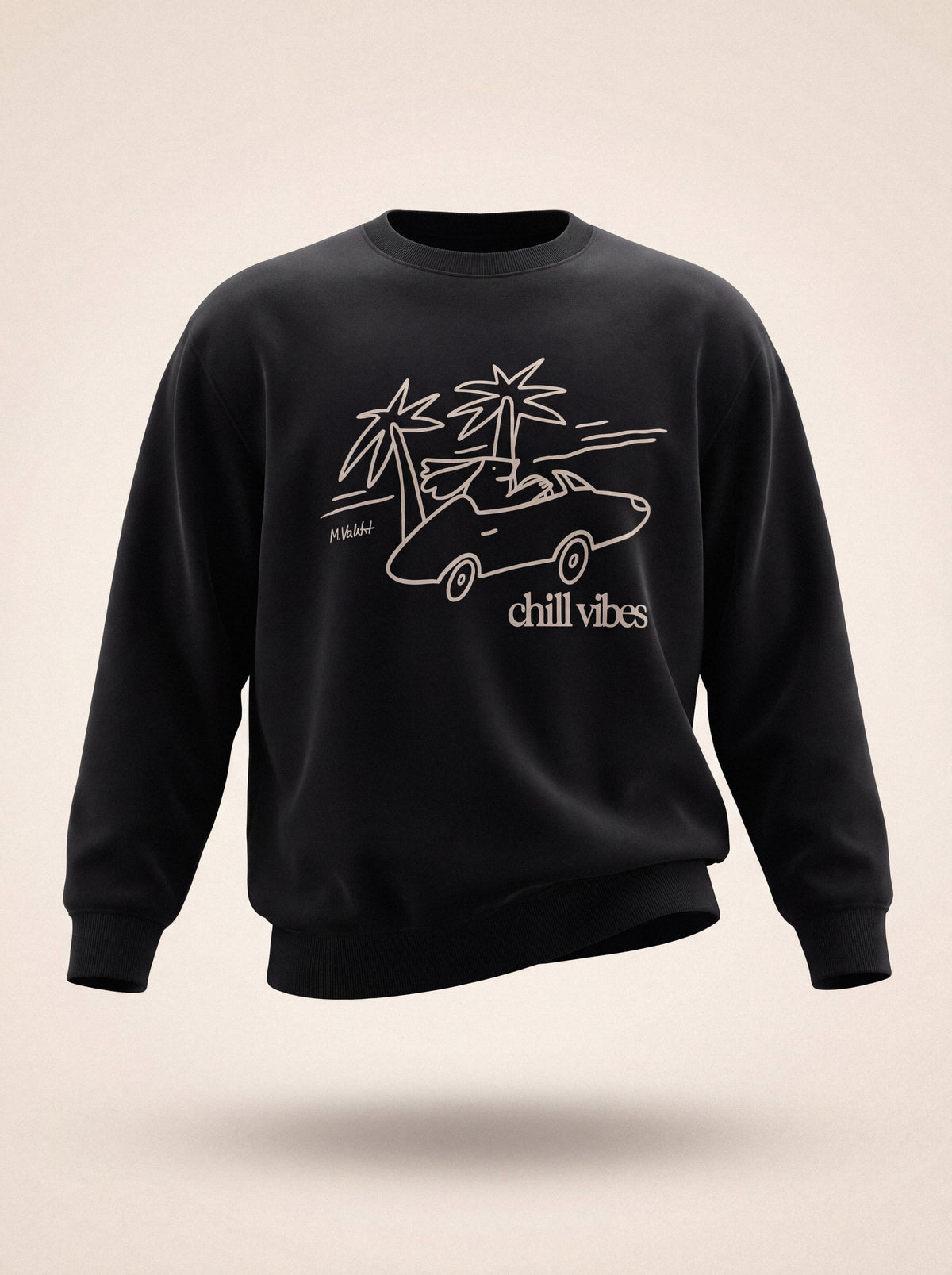 chill vibes palms dog design black crewneck sweatshirt male model product shot