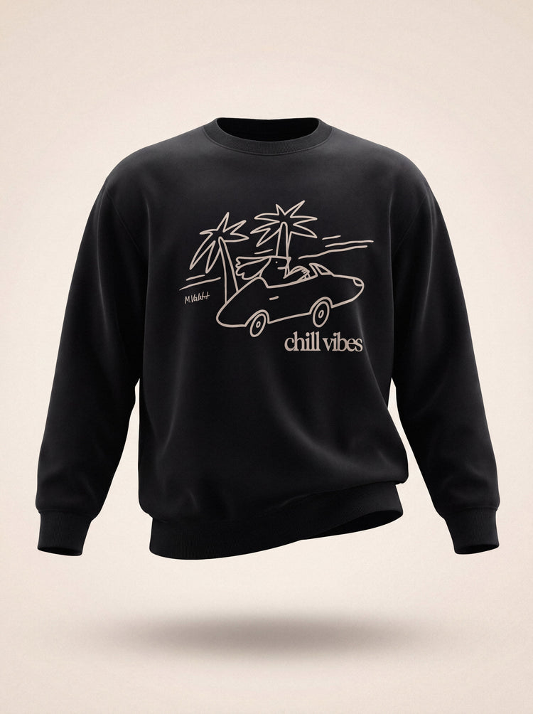 chill vibes palms dog design black crewneck sweatshirt male model product shot