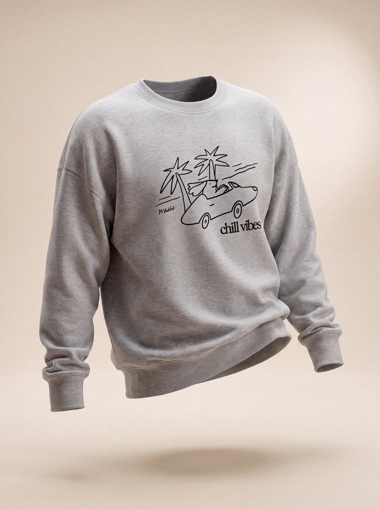 chill vibes palms dog design heather grey crewneck sweatshirt male model product shot