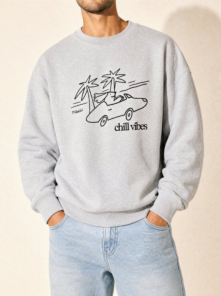 artist collection chill vibes palms dog design heather grey crewneck sweatshirt male model editorial