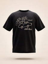 chill vibes palms dog design black t shirt male model product shot