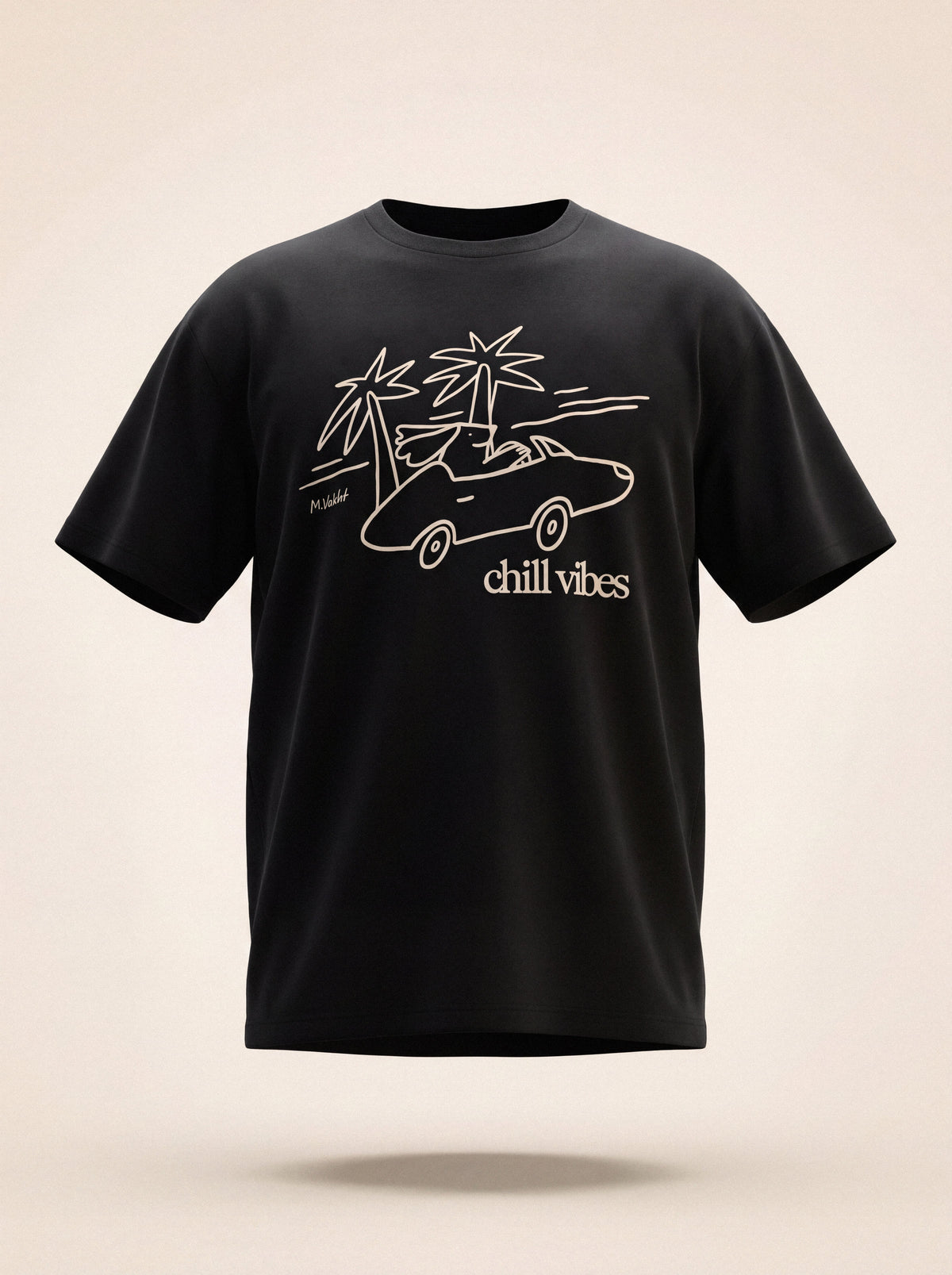 chill vibes palms dog design black t shirt male model product shot