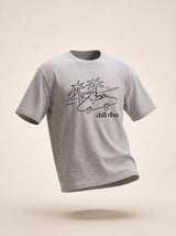 chill vibes palms dog design heather grey t shirt male model product shot