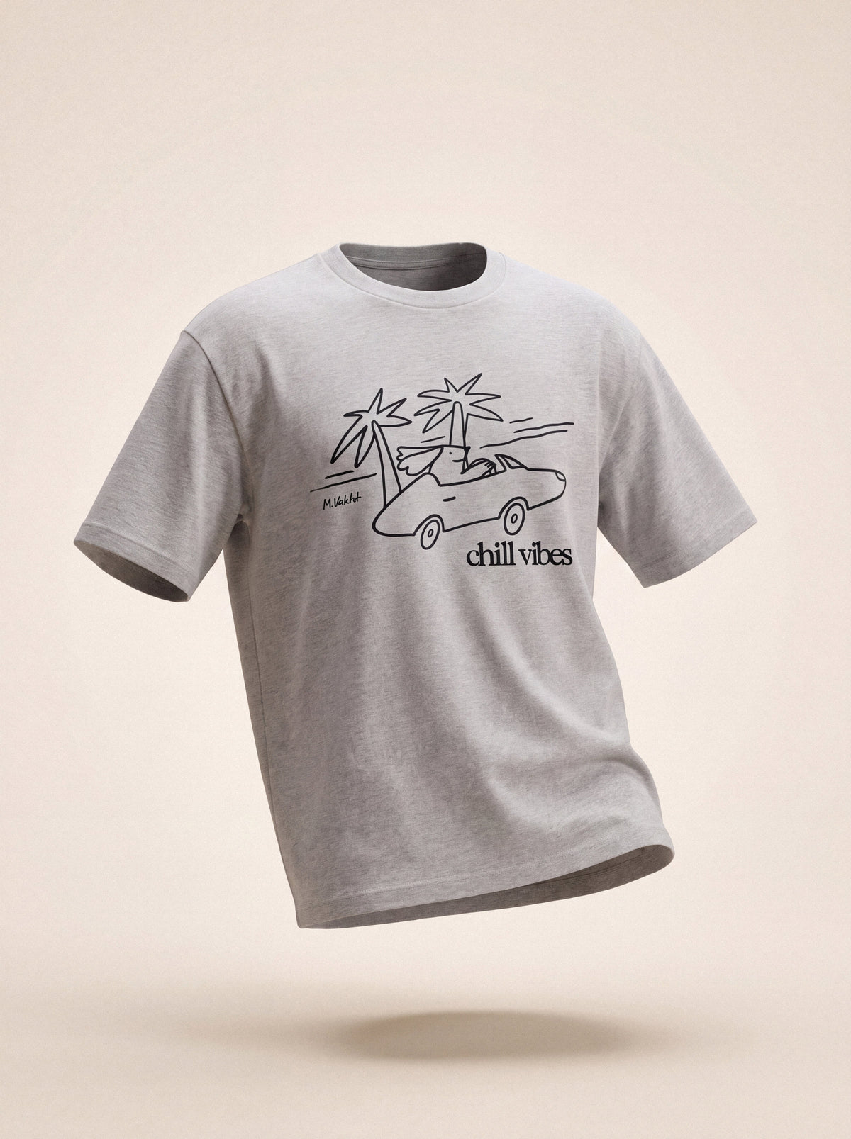 chill vibes palms dog design heather grey t shirt male model product shot