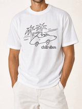 artist collection chill vibes palms dog design pure white t shirt male model editorial full body