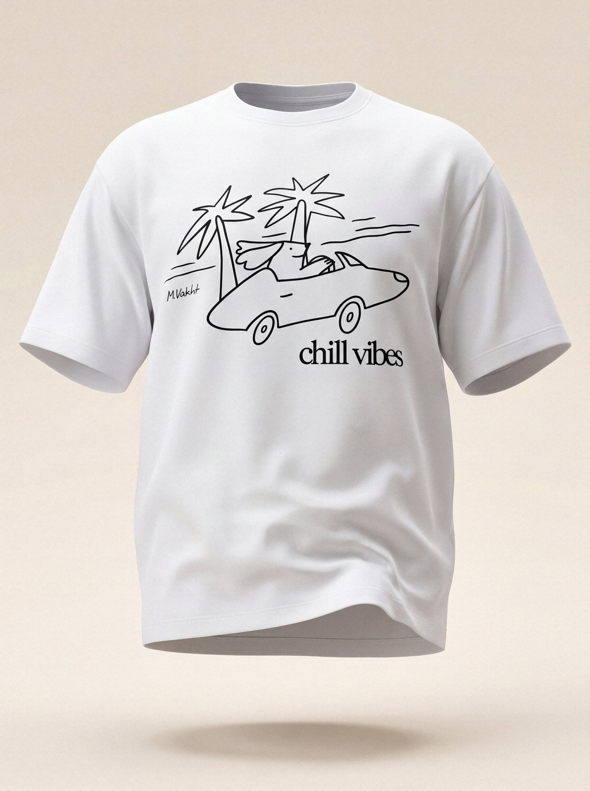 chill vibes palms dog design pure white t shirt male model product shot