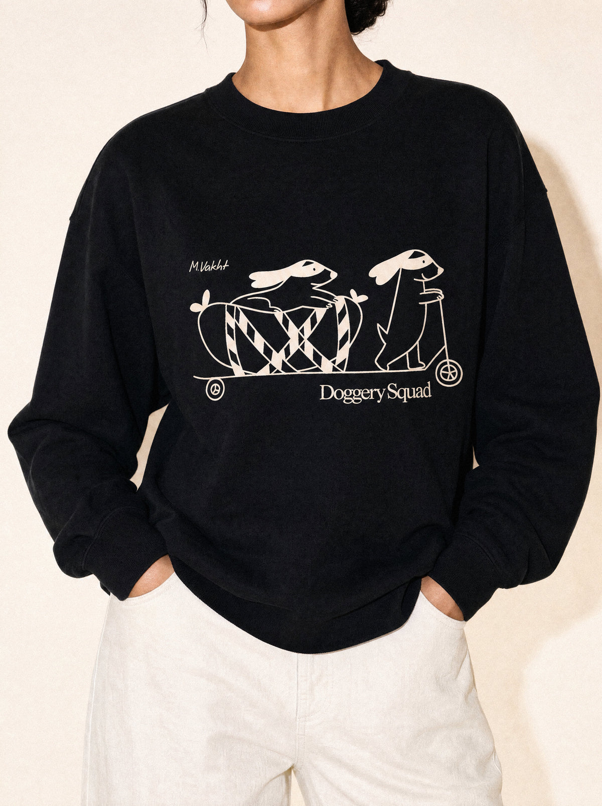 artist collection doggery squad skateboard dogs design black crewneck sweatshirt female model editorial