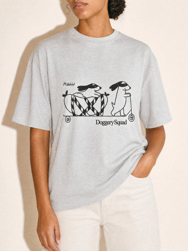 artist collection doggery squad skateboard dogs design heather grey t shirt female model editorial