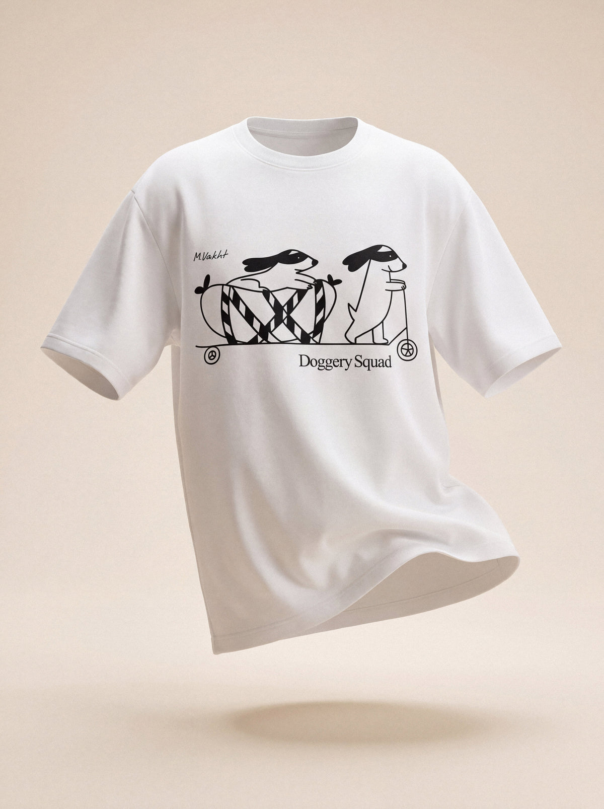 doggery squad skateboard dogs design pure white t shirt female model product shot