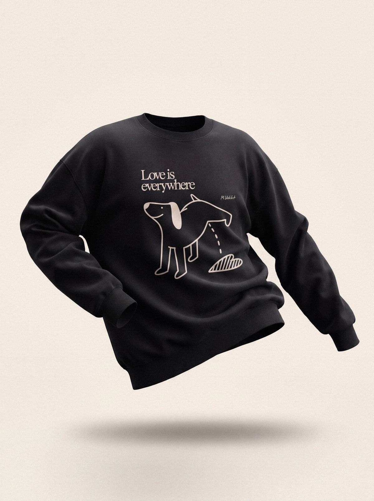 love is everywhere dog heart design black crewneck sweatshirt female model product shot