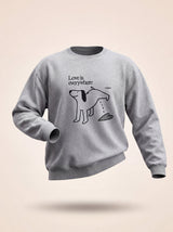love is everywhere dog heart design heather grey crewneck sweatshirt female model product shot