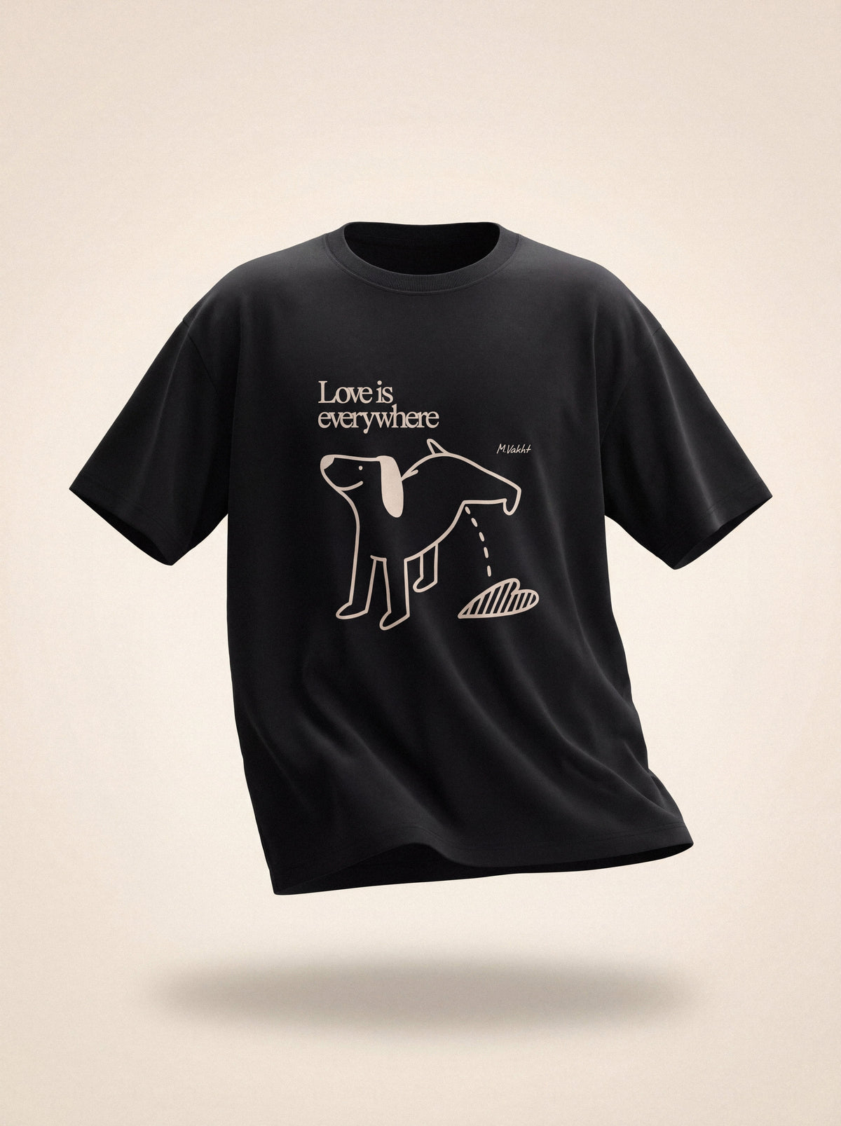 love is everywhere dog heart design black t shirt female model product shot